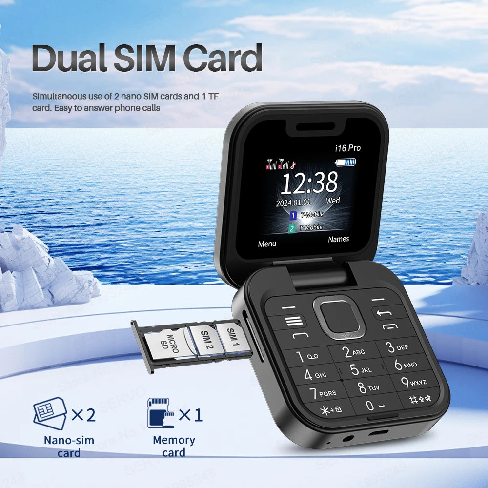 2024 I16Pro Unlocked Compact Dual SIM Flip Small Foldable Display Mobile Phone